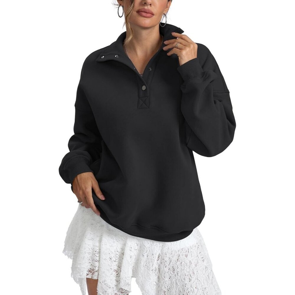 Women's Black Sweatshirts Trendy Tops Fleece Henley Neck Long Sleeve Button